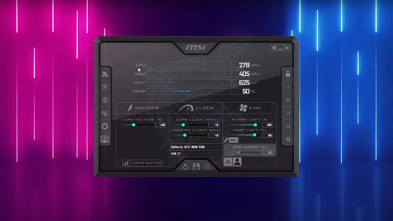 Page de l'application MSI AfterBurner